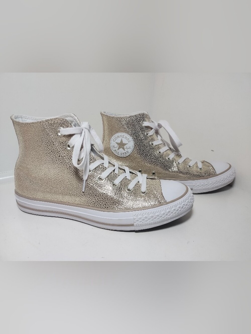 Converse High Top Sneakers in Metallic Gold and White Women's 9